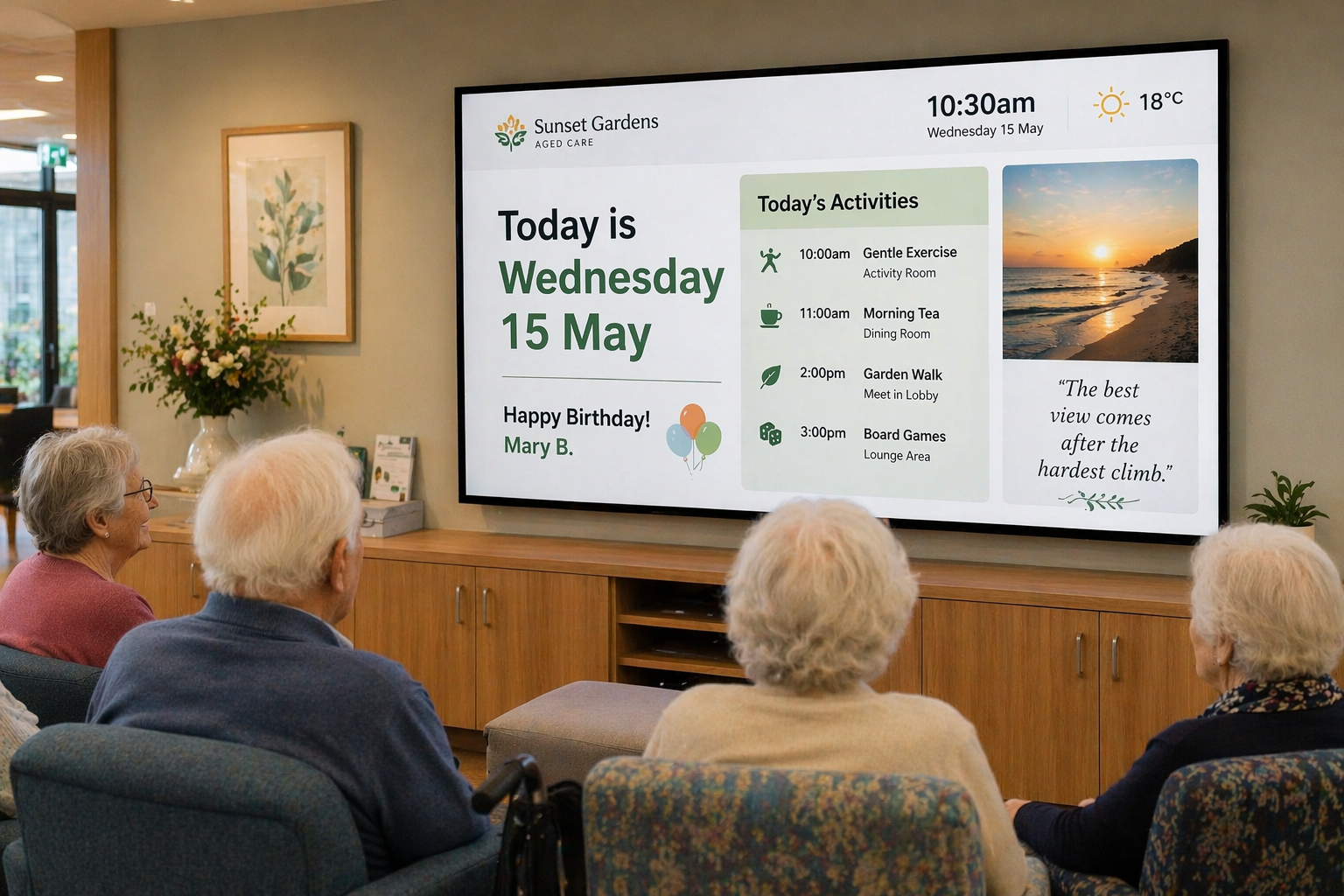 a common room display in an aged care setting, ideally showing larger-format content suitable for older viewers