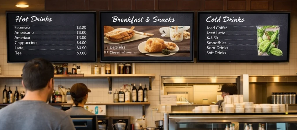 Digital menu board screens installed above the counter of a quick-service restaurant.
