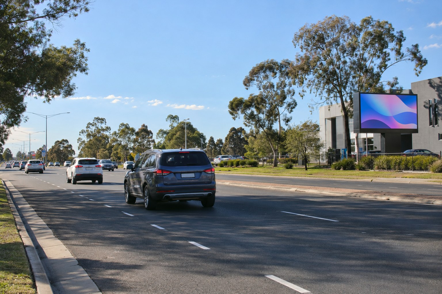 Digital sign near an arterial road with left-side traffic.