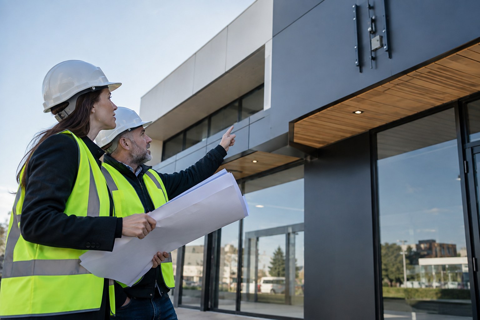 Project team assessing an exterior digital sign location.