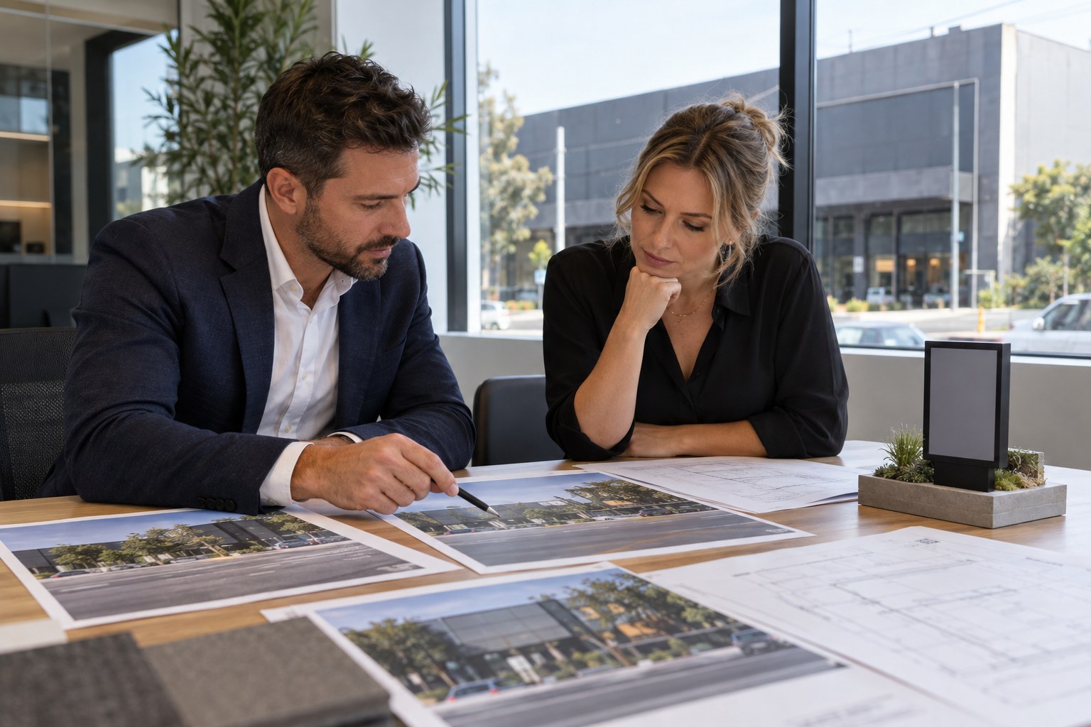 Signage project team reviewing site photographs and plans.