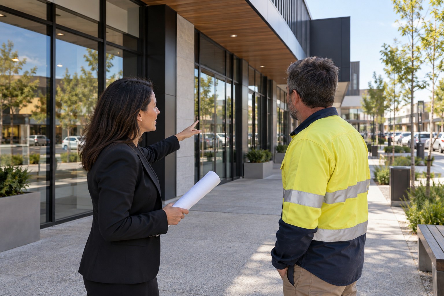 Property manager and installer discussing a sign location.